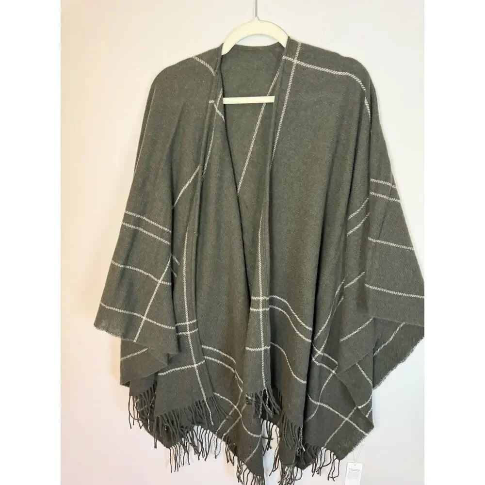 Eileen Fisher Wool Twill Green Plaid Wrap Fringe $188 NWT